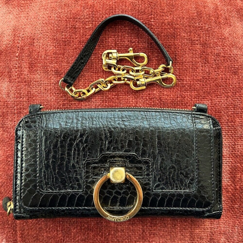 JIMMY CHOO Door Knocker Clutch Wallet with Chain, Black - Picture 2 of 12